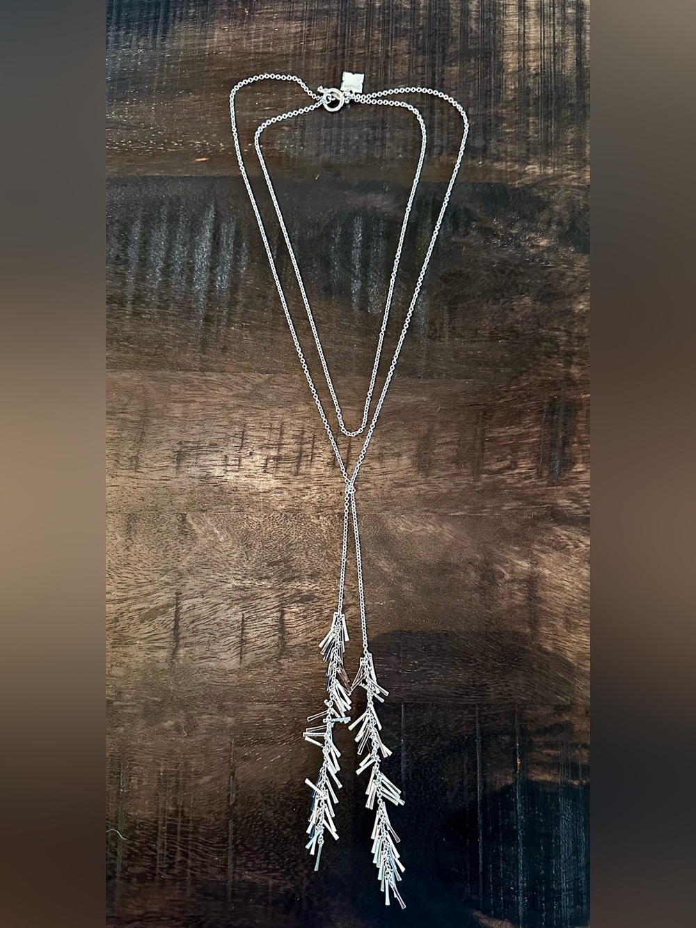 BCBG MAXAZRIA SILVER LARIAT NECKLACE WITH TASSELS 18-21”